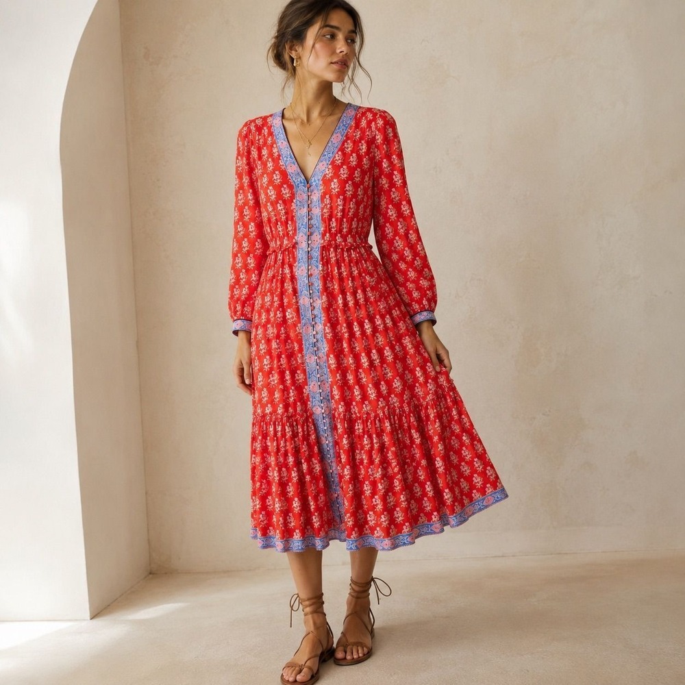J Crew Dress Size 6 Red Bohemian Indie 100% Cotton Luxury